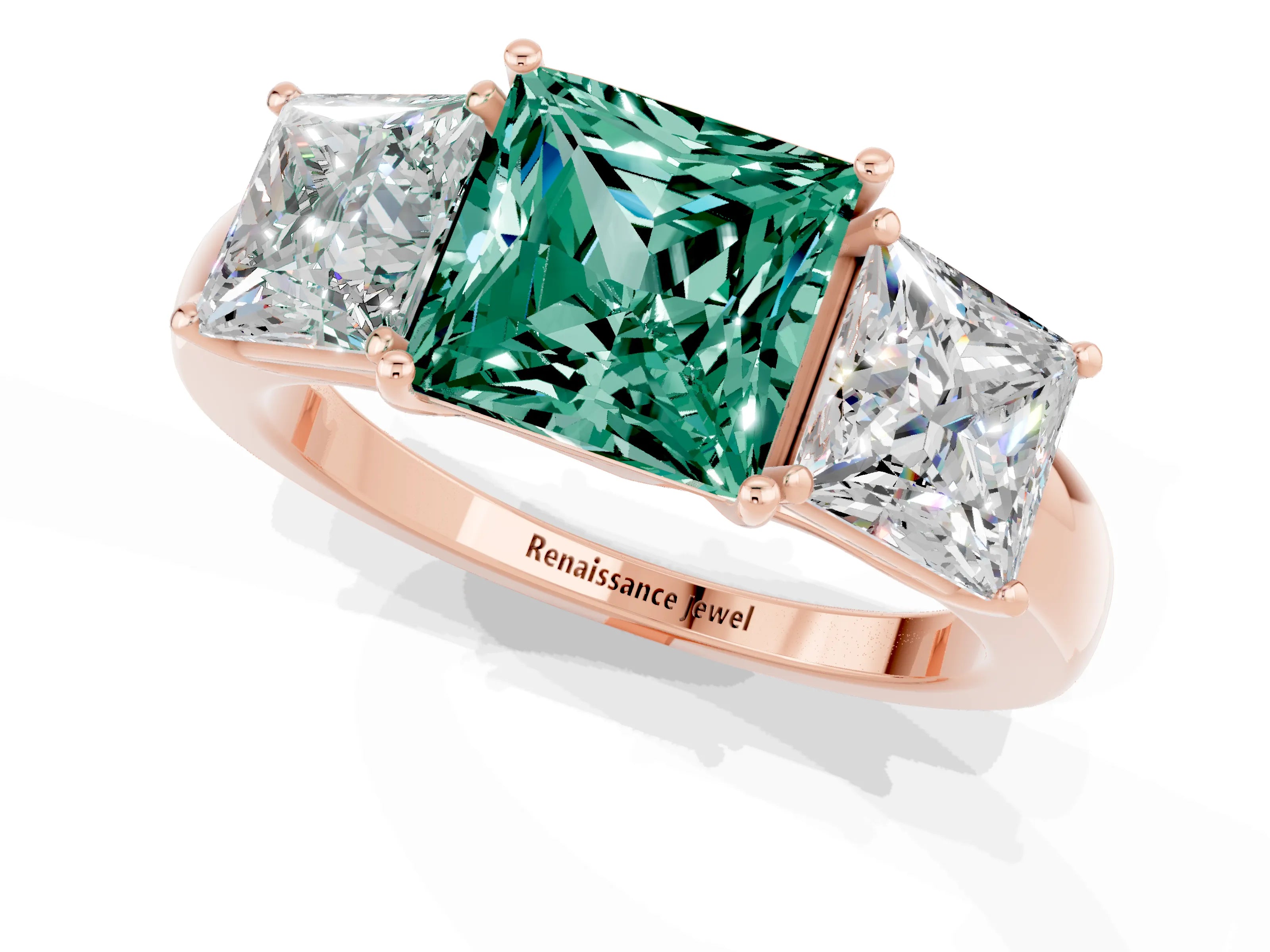 Rose gold Princess Cut Green Sapphire Three-Stone Ring with Four-Prong Setting and Classic Band_1