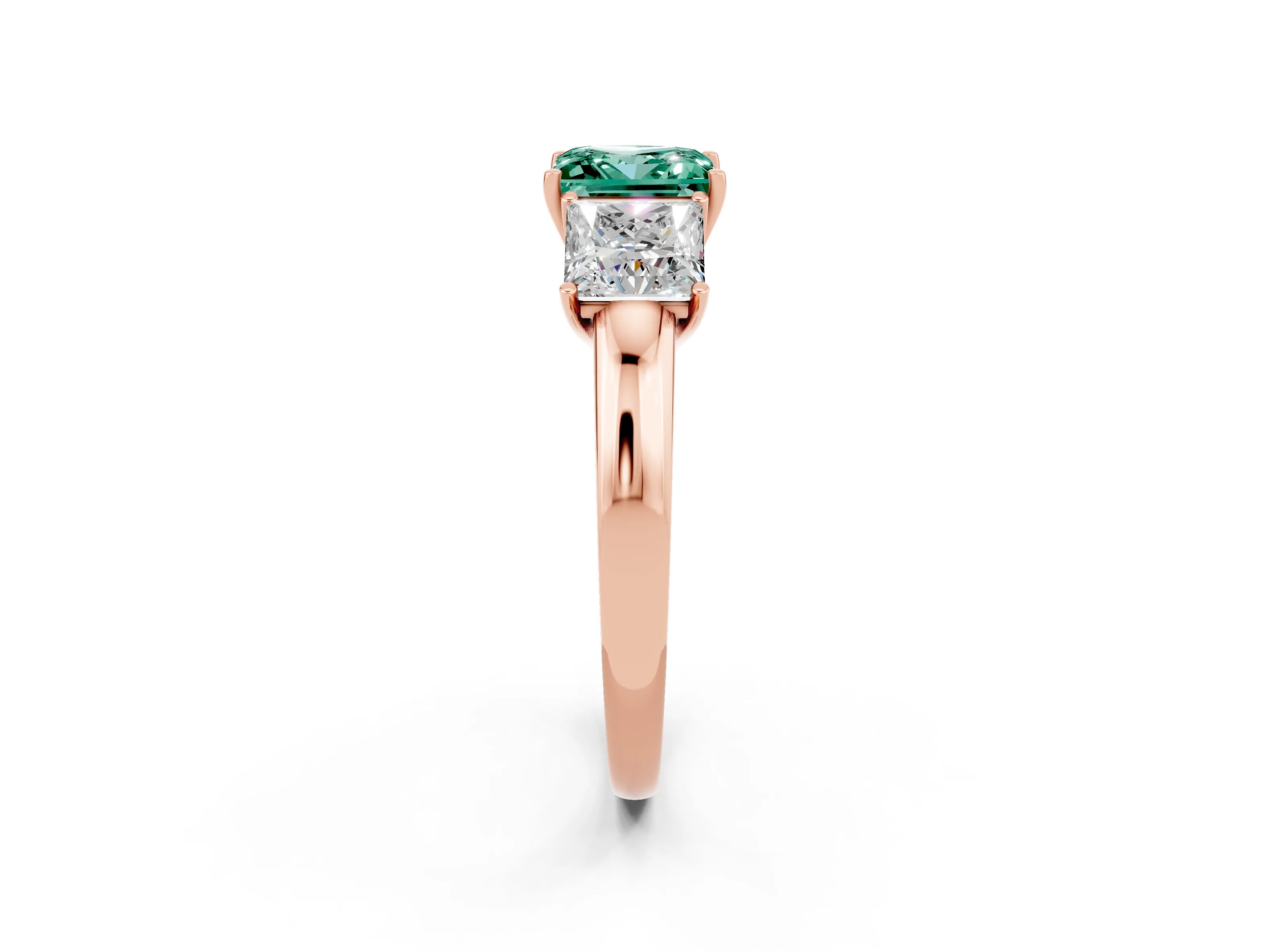 Rose gold Princess Cut Green Sapphire Three-Stone Ring with Four-Prong Setting and Classic Band_2