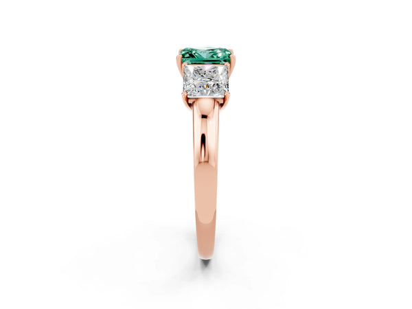 Rose gold Princess Cut Green Sapphire Three-Stone Ring with Four-Prong Setting and Classic Band