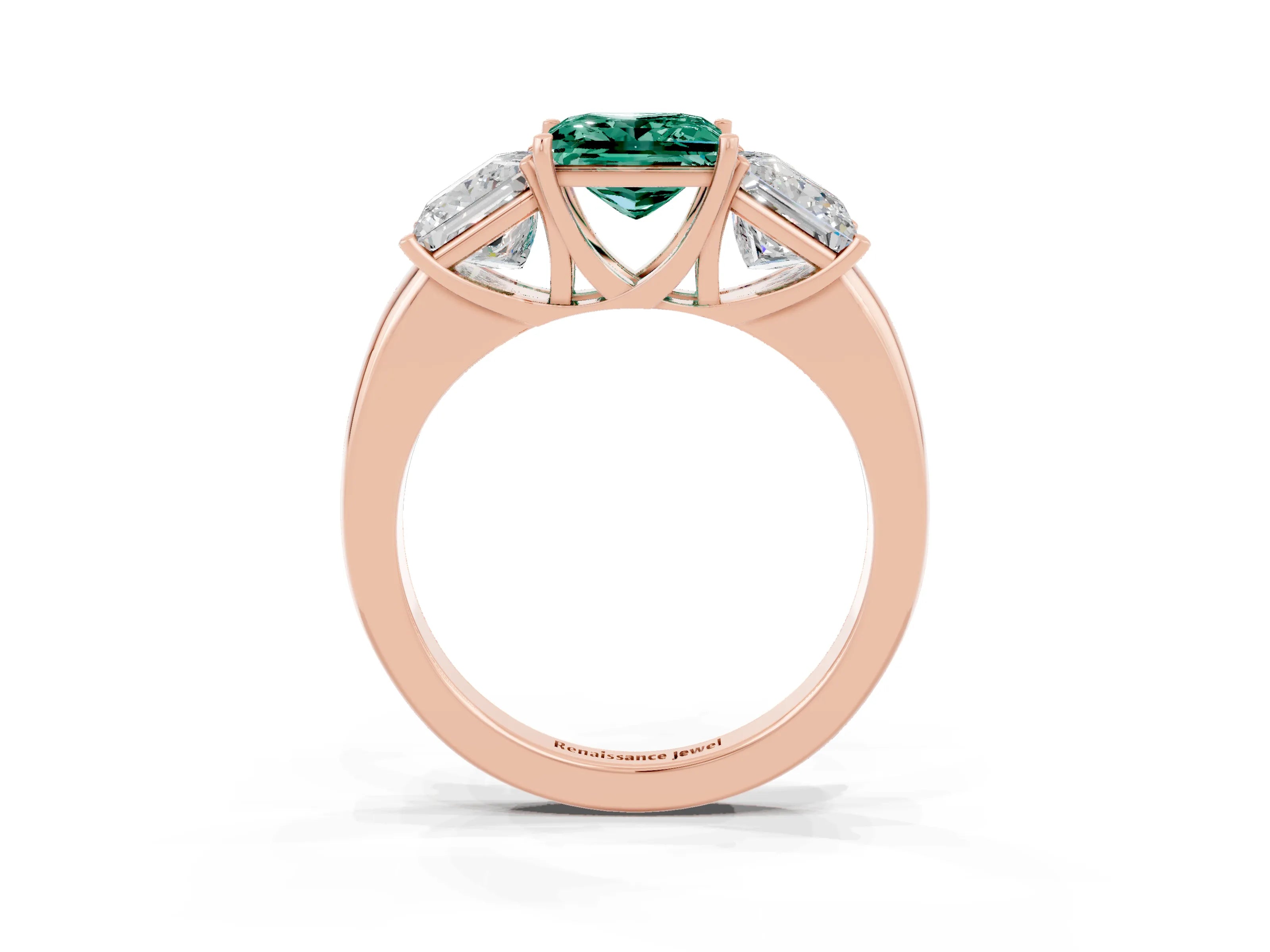 Rose gold Princess Cut Green Sapphire Three-Stone Ring with Four-Prong Setting and Classic Band_3