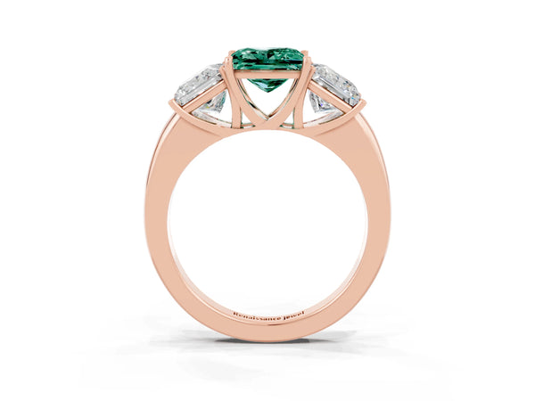 Rose gold Princess Cut Green Sapphire Three-Stone Ring with Four-Prong Setting and Classic Band