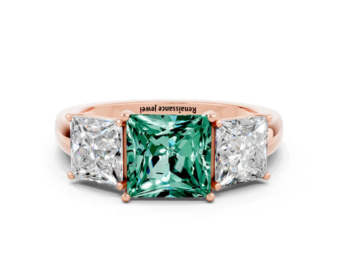 Rose gold Princess Cut Green Sapphire Three-Stone Ring with Four-Prong Setting and Classic Band