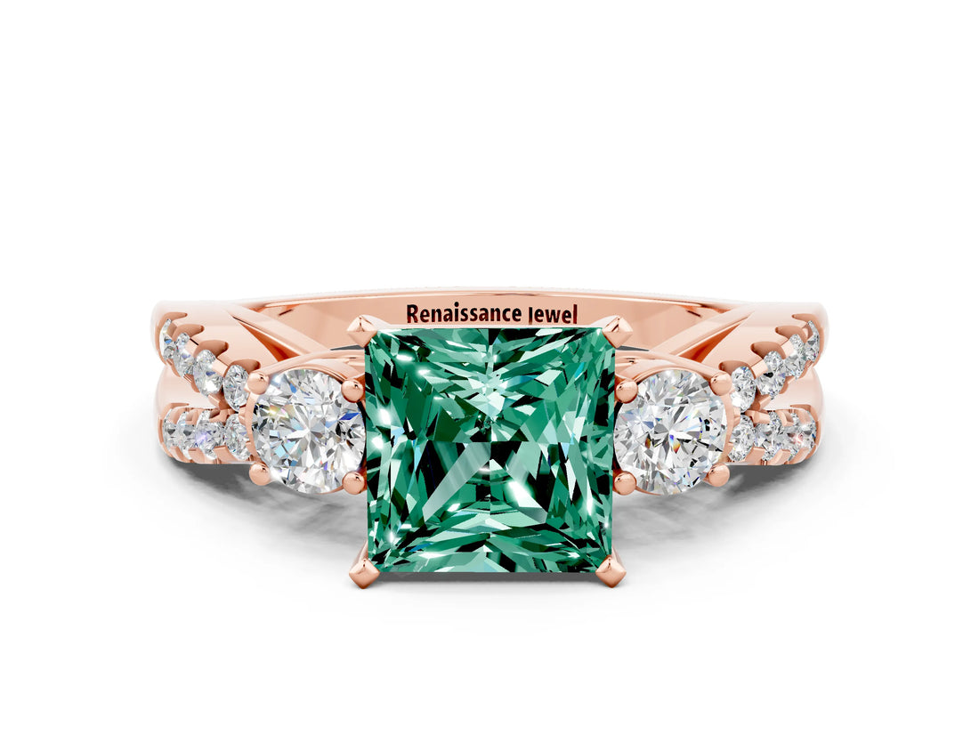 Rose gold Princess Cut Green Sapphire Three-Stone Ring with Pavé Split Shank and Four-Prong Setting