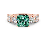 Rose gold Princess Cut Green Sapphire Three-Stone Ring with Pavé Split Shank and Four-Prong Setting
