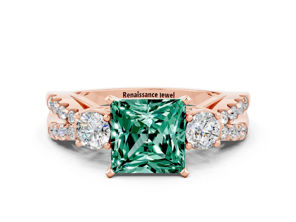 Rose gold Princess Cut Green Sapphire Three-Stone Ring with Pavé Split Shank and Four-Prong Setting