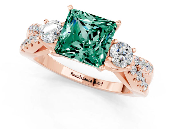 Rose gold Princess Cut Green Sapphire Three-Stone Ring with Pavé Split Shank and Four-Prong Setting