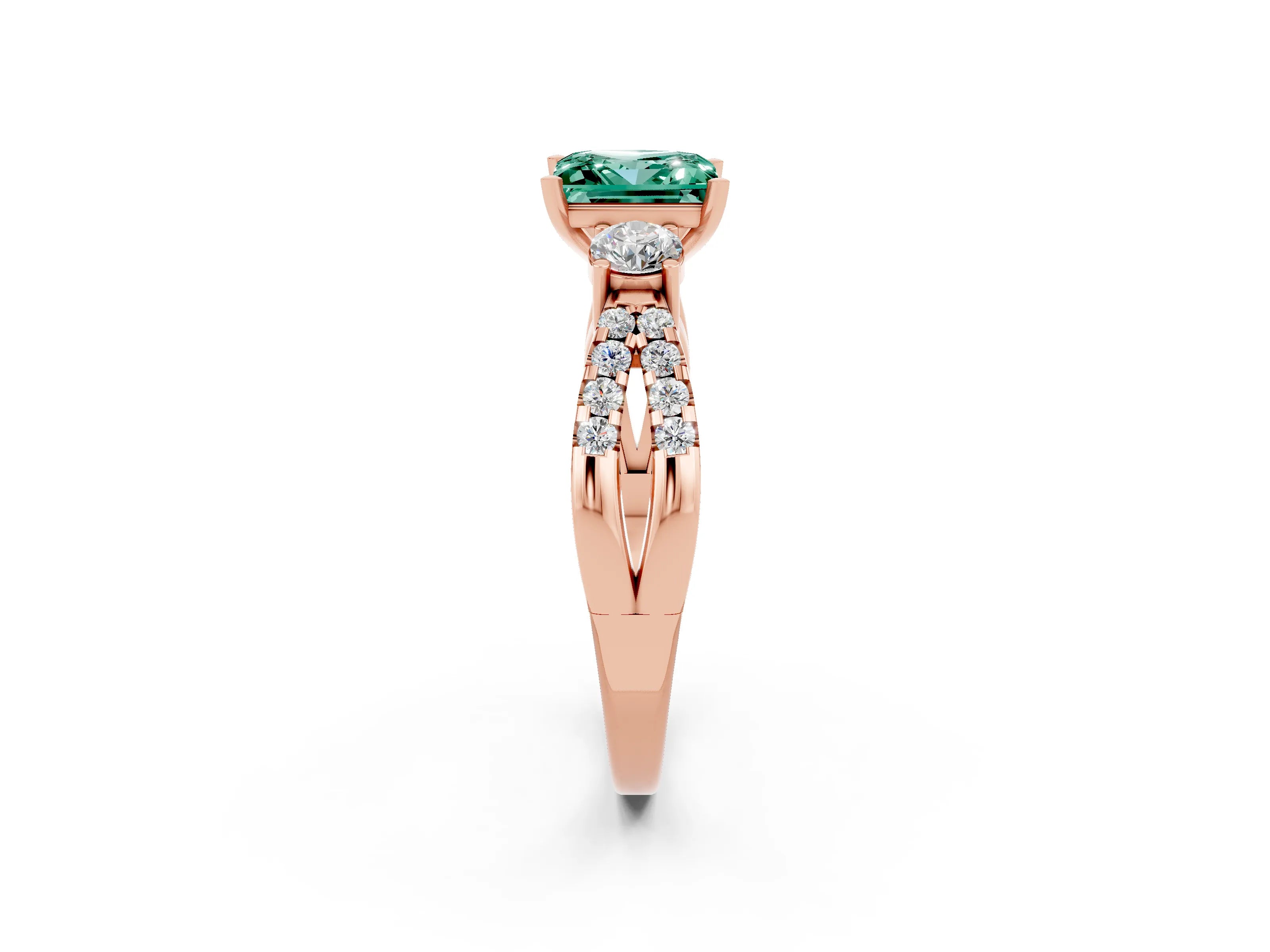 Rose gold Princess Cut Green Sapphire Three-Stone Ring with Pavé Split Shank and Four-Prong Setting_2