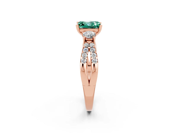Rose gold Princess Cut Green Sapphire Three-Stone Ring with Pavé Split Shank and Four-Prong Setting
