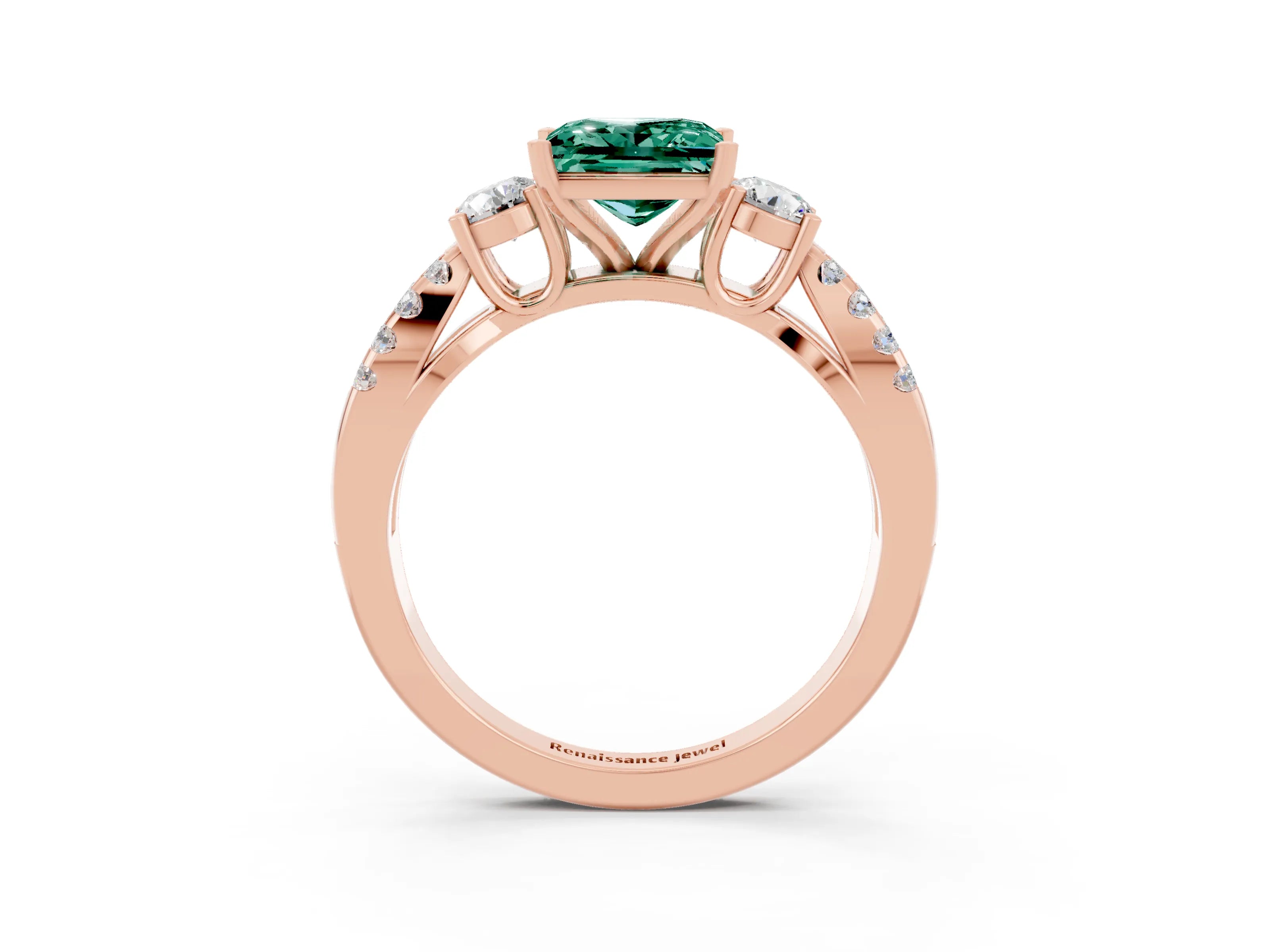 Rose gold Princess Cut Green Sapphire Three-Stone Ring with Pavé Split Shank and Four-Prong Setting_3