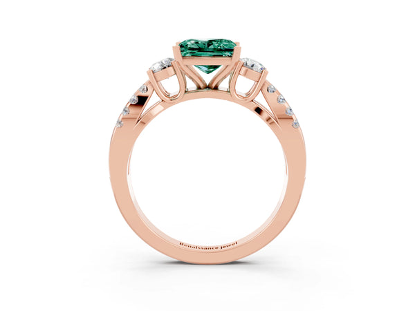 Rose gold Princess Cut Green Sapphire Three-Stone Ring with Pavé Split Shank and Four-Prong Setting