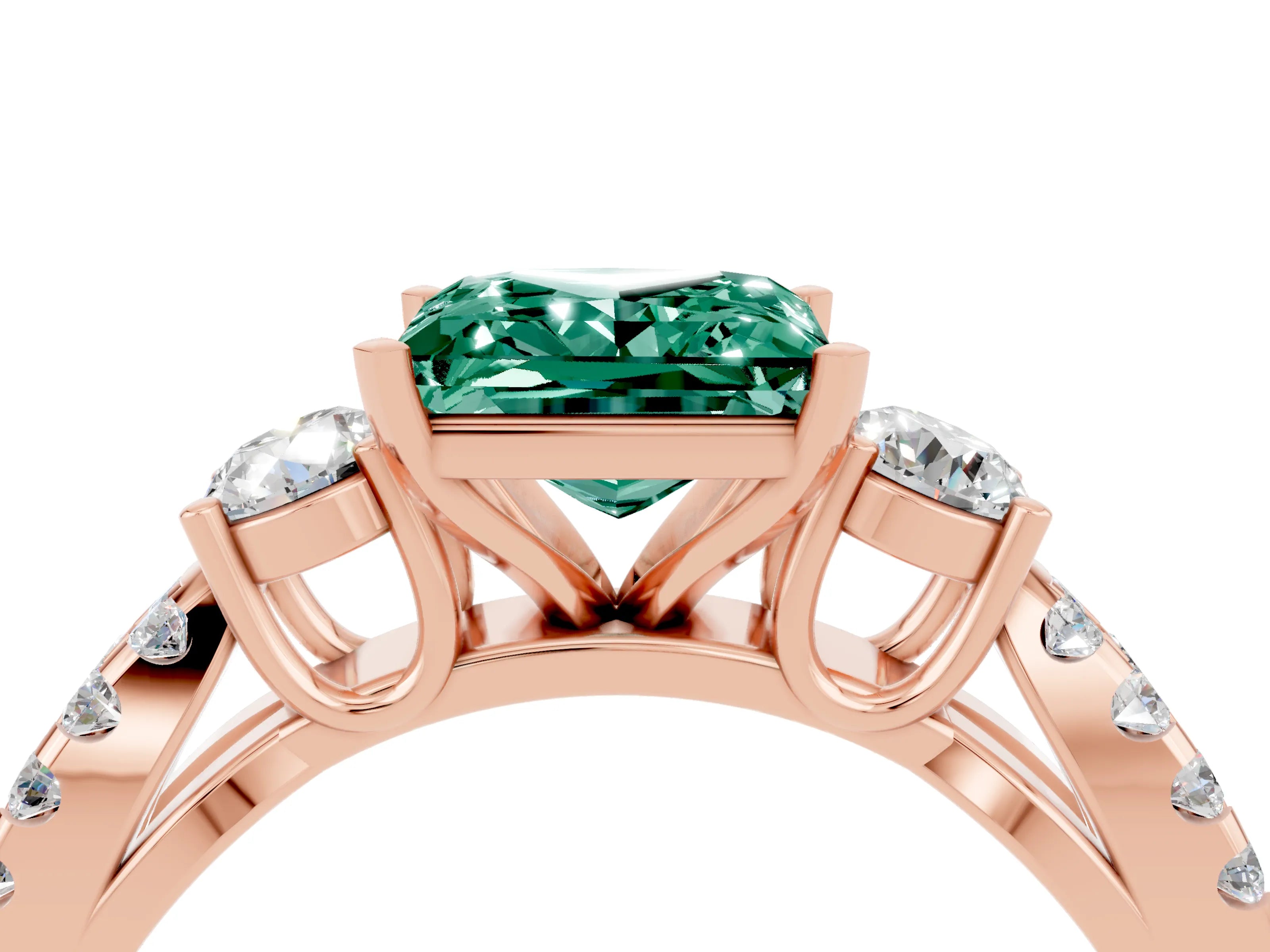 Rose gold Princess Cut Green Sapphire Three-Stone Ring with Pavé Split Shank and Four-Prong Setting_4