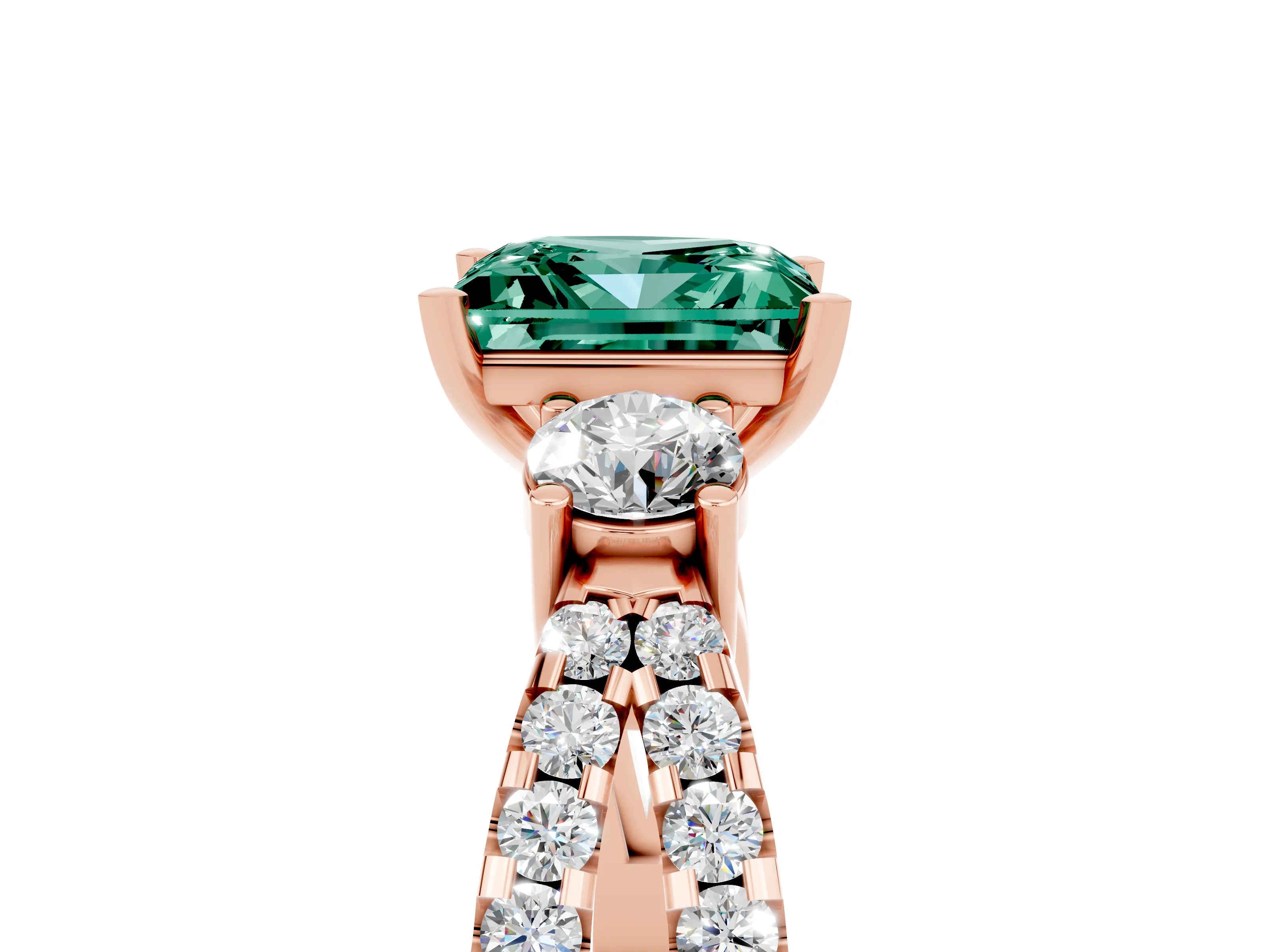 Rose gold Princess Cut Green Sapphire Three-Stone Ring with Pavé Split Shank and Four-Prong Setting_5