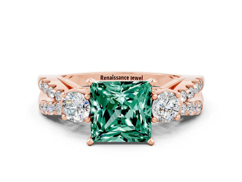 Rose gold Princess Cut Green Sapphire Three-Stone Ring with Pavé Split Shank and Four-Prong Setting