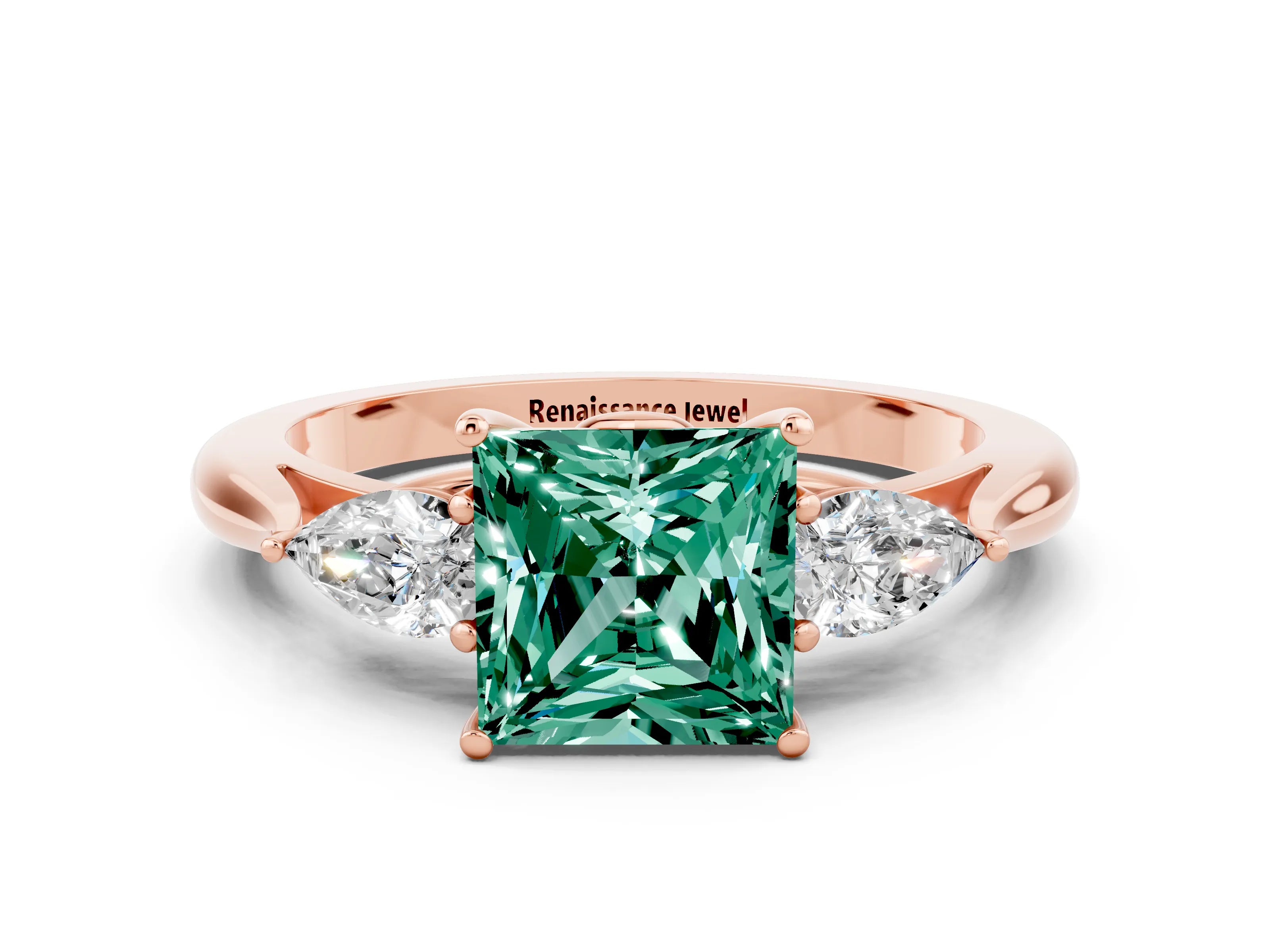 Rose gold Princess Cut Green Sapphire Three-Stone Ring with Pear Side Stones and Four-Prong Setting_12