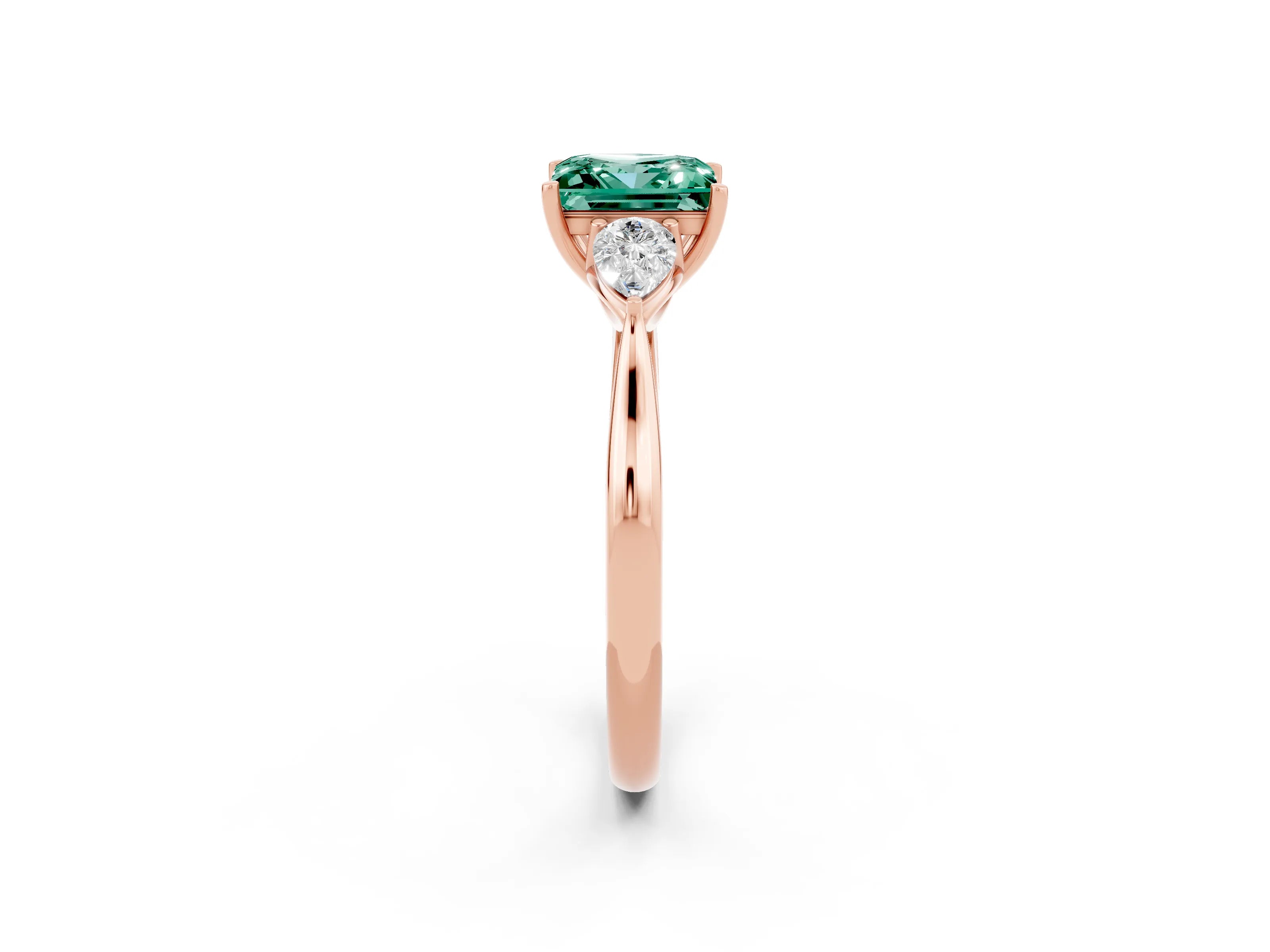 Rose gold Princess Cut Green Sapphire Three-Stone Ring with Pear Side Stones and Four-Prong Setting_14