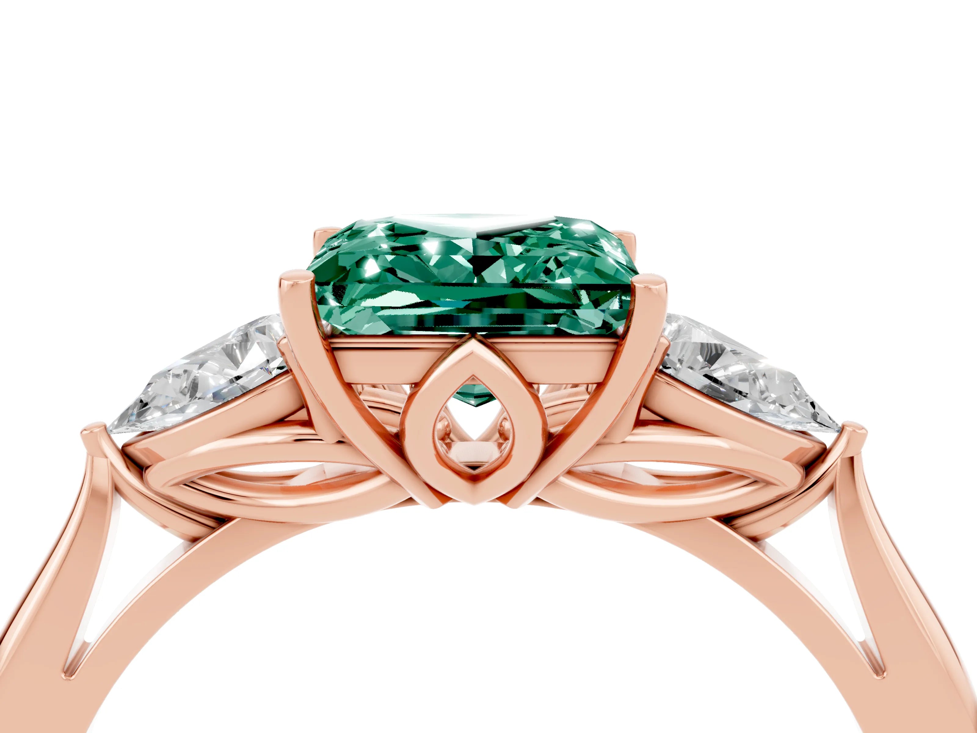 Rose gold Princess Cut Green Sapphire Three-Stone Ring with Pear Side Stones and Four-Prong Setting_16