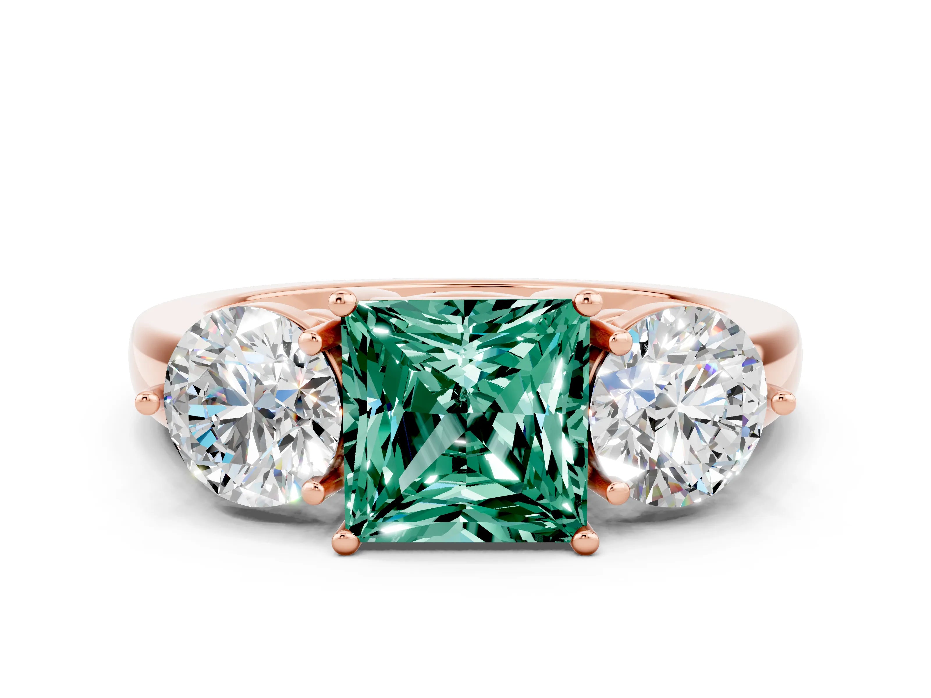 Rose gold Princess Cut Green Sapphire Three-Stone Ring with Prong Setting and Classic Band