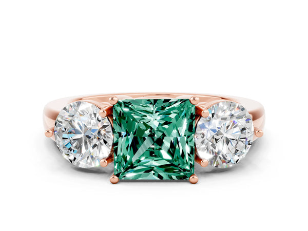 Rose gold Princess Cut Green Sapphire Three-Stone Ring with Prong Setting and Classic Band