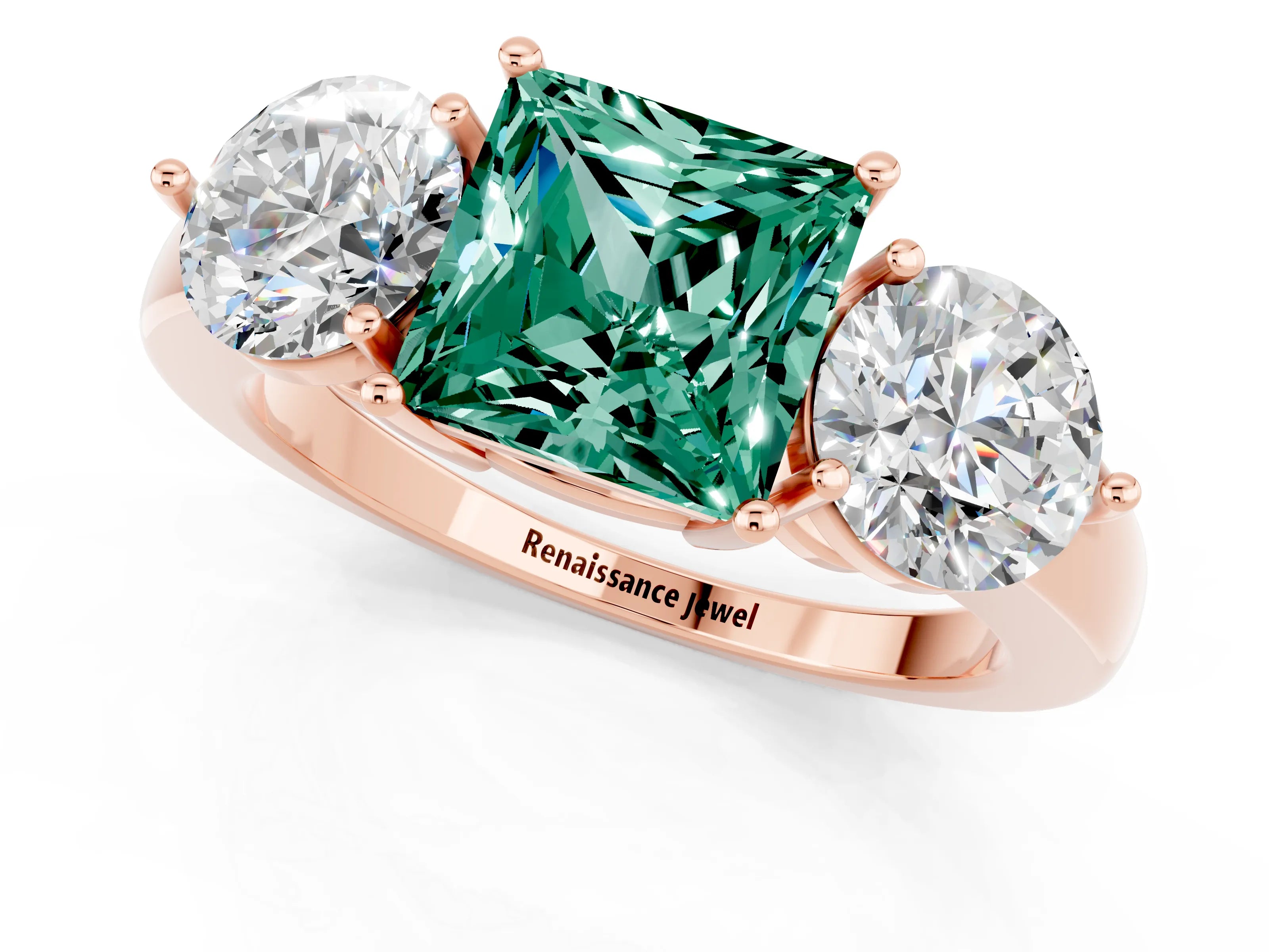 Rose gold Princess Cut Green Sapphire Three-Stone Ring with Prong Setting and Classic Band_1