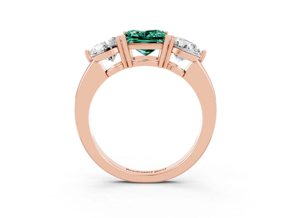 Rose gold Princess Cut Green Sapphire Three-Stone Ring with Prong Setting and Classic Band