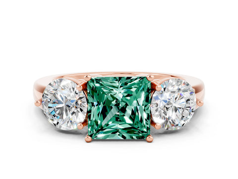 Rose gold Princess Cut Green Sapphire Three-Stone Ring with Prong Setting and Classic Band