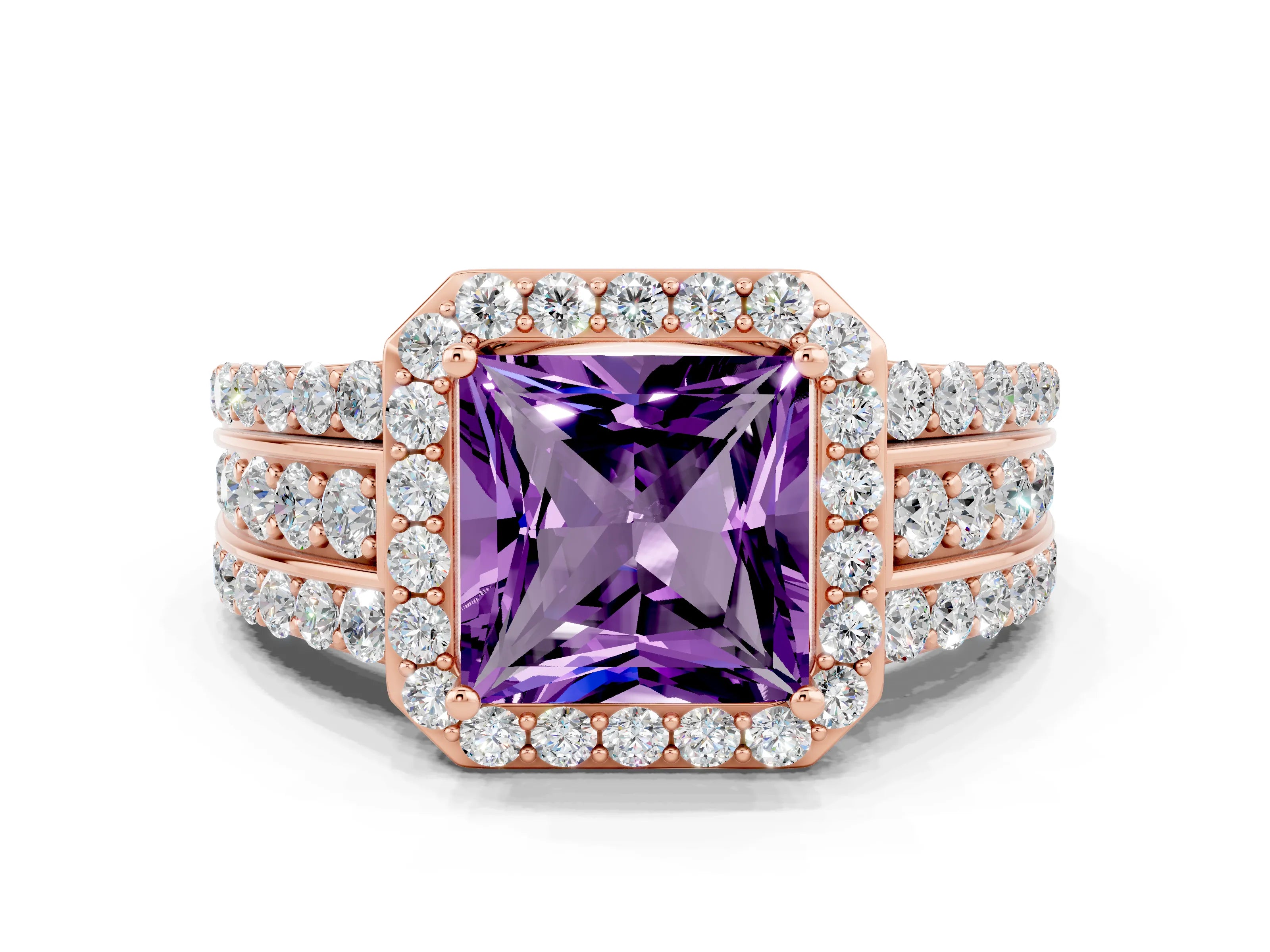 Rose gold Princess Cut Halo Amethyst Ring with Split Shank and Four-Prong Setting