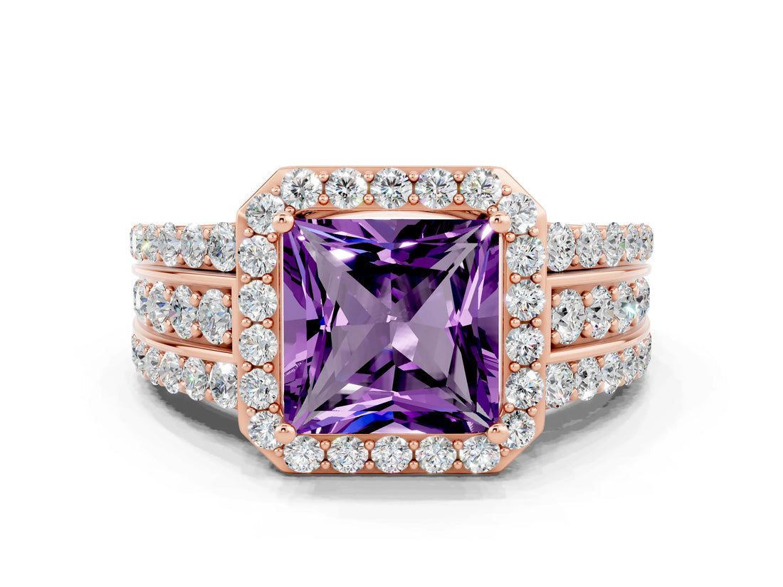 Rose gold Princess Cut Halo Amethyst Ring with Split Shank and Four-Prong Setting