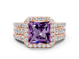 Rose gold Princess Cut Halo Amethyst Ring with Split Shank and Four-Prong Setting