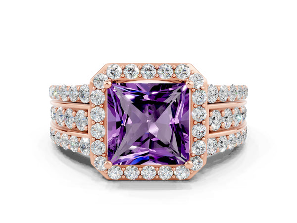 Rose gold Princess Cut Halo Amethyst Ring with Round  Split Shank and Prong Setting