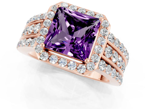 Rose gold Princess Cut Halo Amethyst Ring with Split Shank and Four-Prong Setting_1