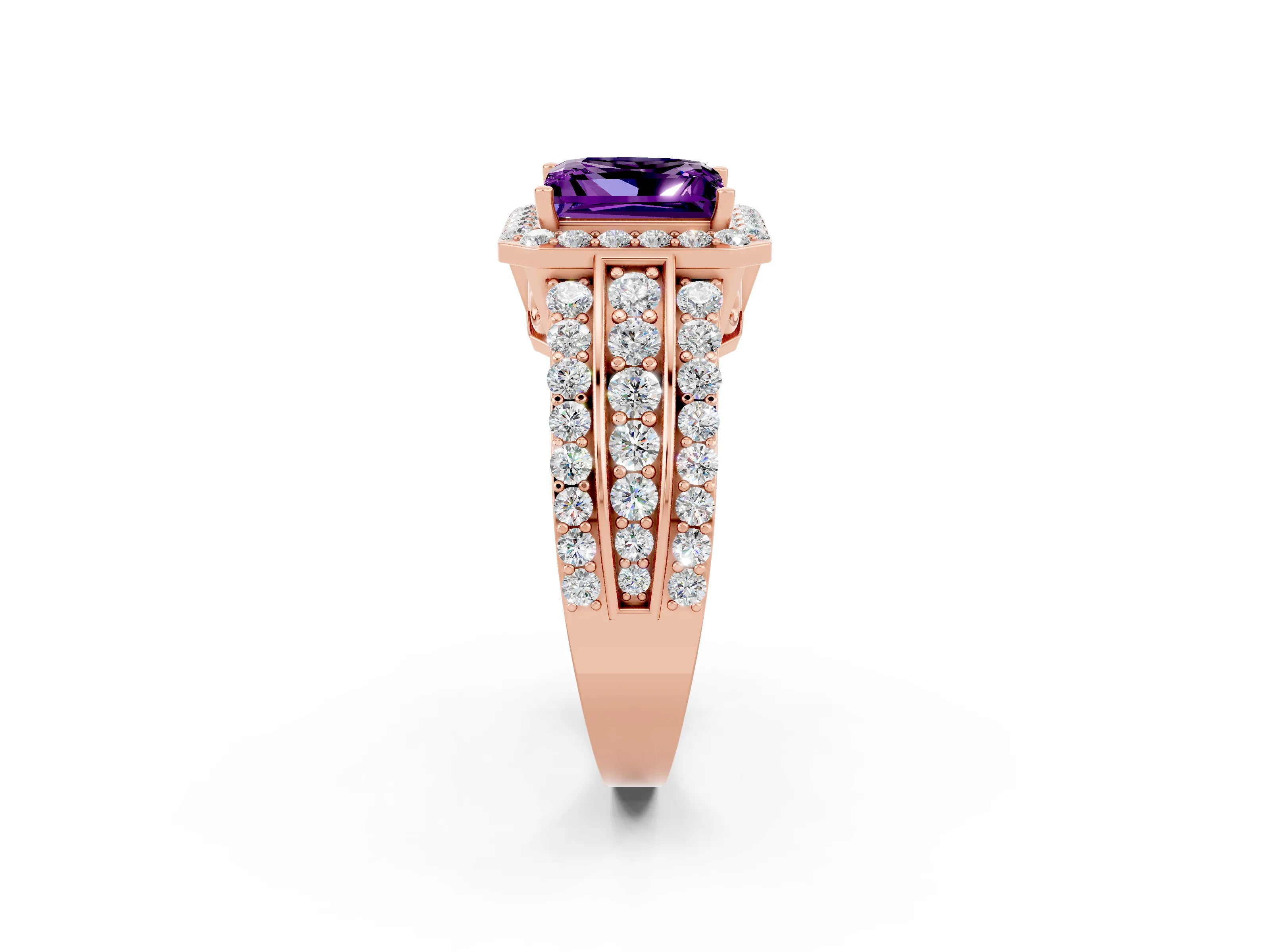 Rose gold Princess Cut Halo Amethyst Ring with Split Shank and Four-Prong Setting_2