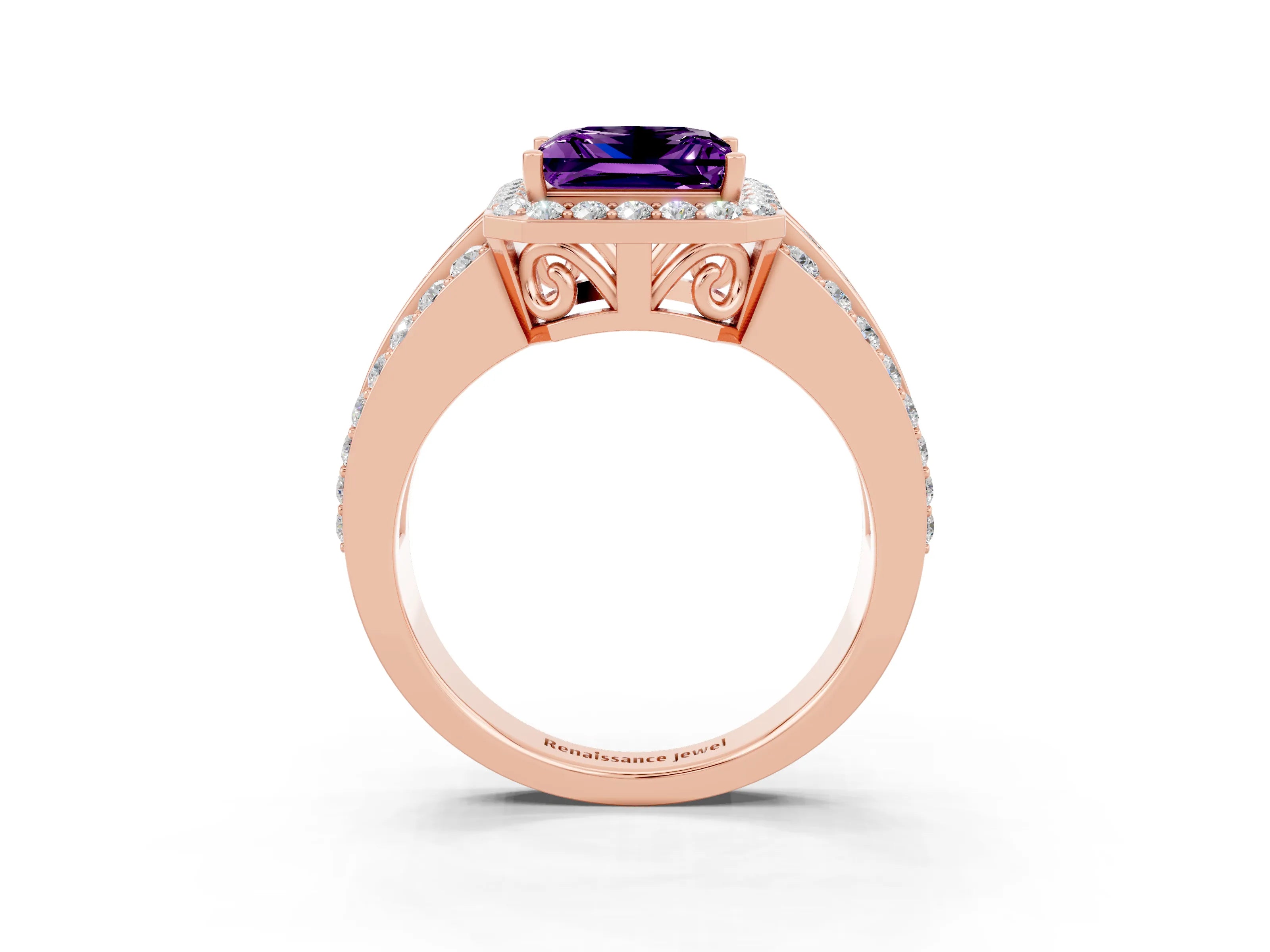 Rose gold Princess Cut Halo Amethyst Ring with Split Shank and Four-Prong Setting_3