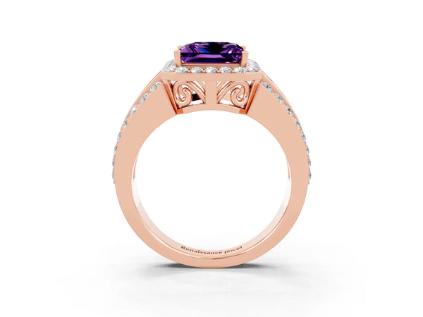 Rose gold Princess Cut Halo Amethyst Ring with Round  Split Shank and Prong Setting