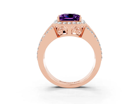 Rose gold Princess Cut Halo Amethyst Ring with Split Shank and Four-Prong Setting_3