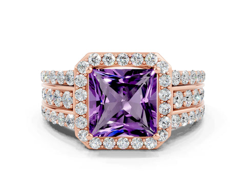 Rose gold Princess Cut Halo Amethyst Ring with Split Shank and Four-Prong Setting