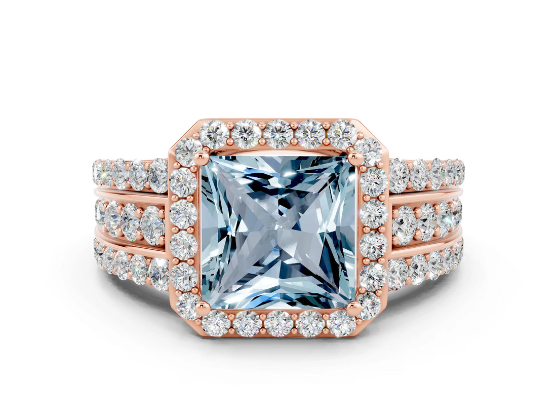 Rose gold Princess Cut Halo Aquamarine Ring with Split Shank and Four-Prong Setting