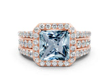 Rose gold Princess Cut Halo Aquamarine Ring with Split Shank and Four-Prong Setting