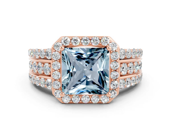 Rose gold Princess Cut Halo Aquamarine Ring with Round  Split Shank and Prong Setting