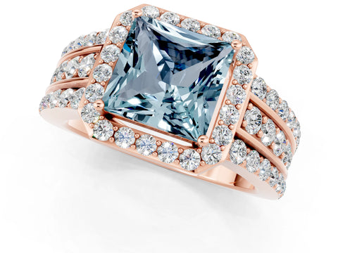 Rose gold Princess Cut Halo Aquamarine Ring with Split Shank and Four-Prong Setting_1