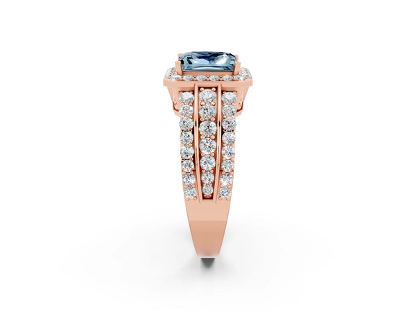 Rose gold Princess Cut Halo Aquamarine Ring with Round  Split Shank and Prong Setting