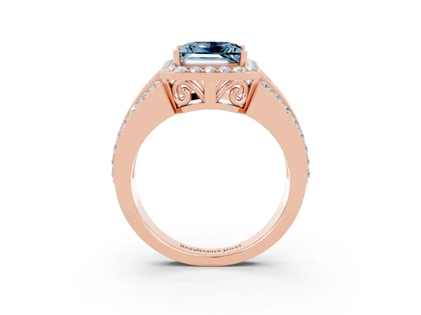 Rose gold Princess Cut Halo Aquamarine Ring with Round  Split Shank and Prong Setting