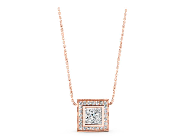 Rose gold Princess Cut Halo Bezel Pendant