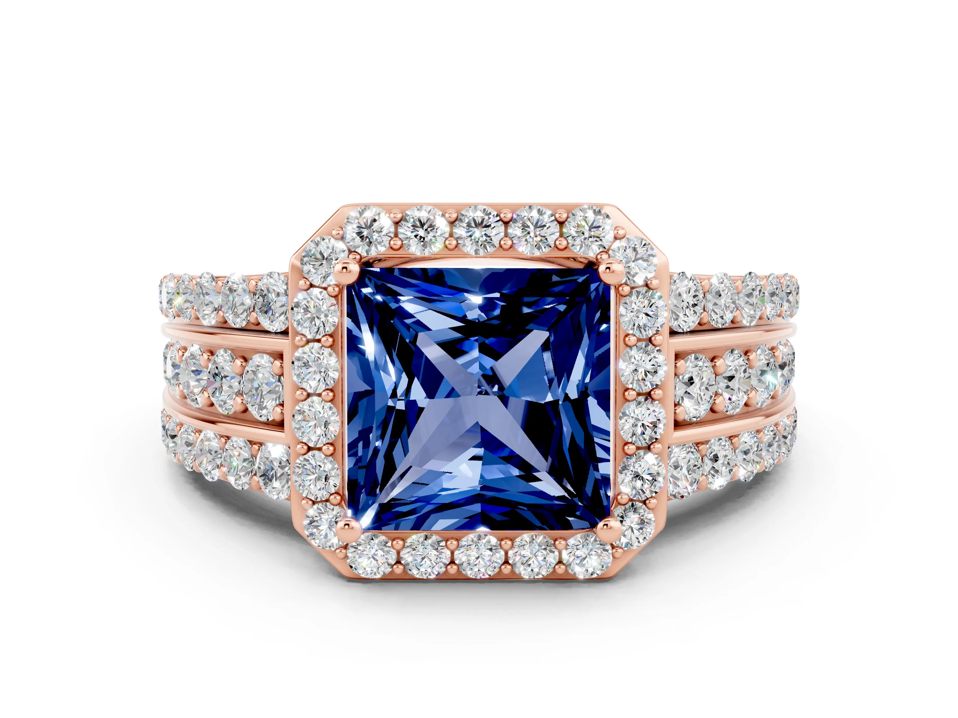 Rose gold Princess Cut Halo Blue Sapphire Ring with Split Shank and Four-Prong Setting