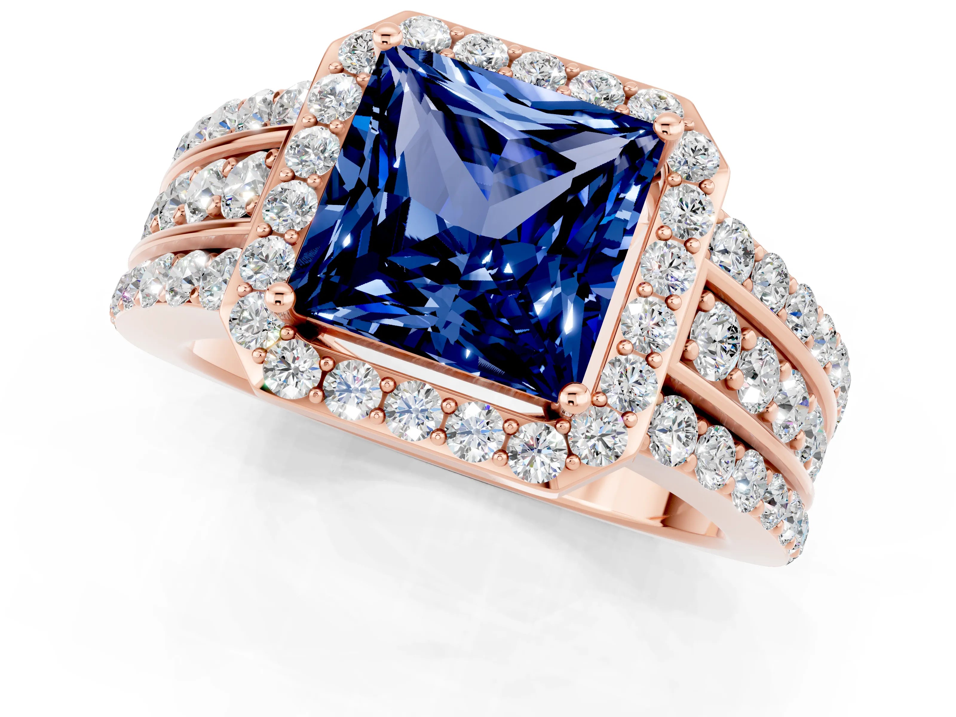 Rose gold Princess Cut Halo Blue Sapphire Ring with Split Shank and Four-Prong Setting_1