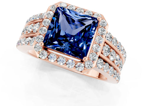 Rose gold Princess Cut Halo Blue Sapphire Ring with Split Shank and Four-Prong Setting_1
