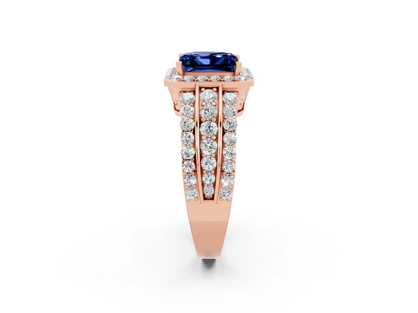 Rose gold Princess Cut Halo Blue Sapphire Ring with Round  Split Shank and Prong Setting