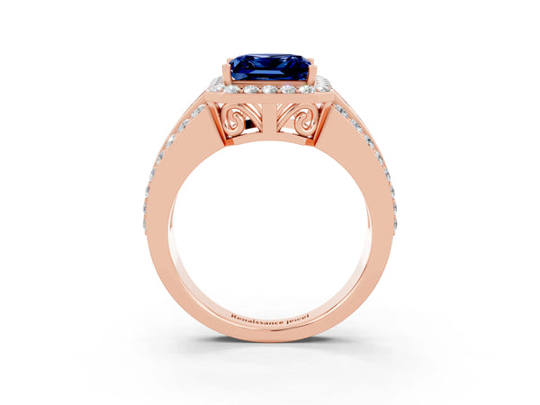 Rose gold Princess Cut Halo Blue Sapphire Ring with Round  Split Shank and Prong Setting