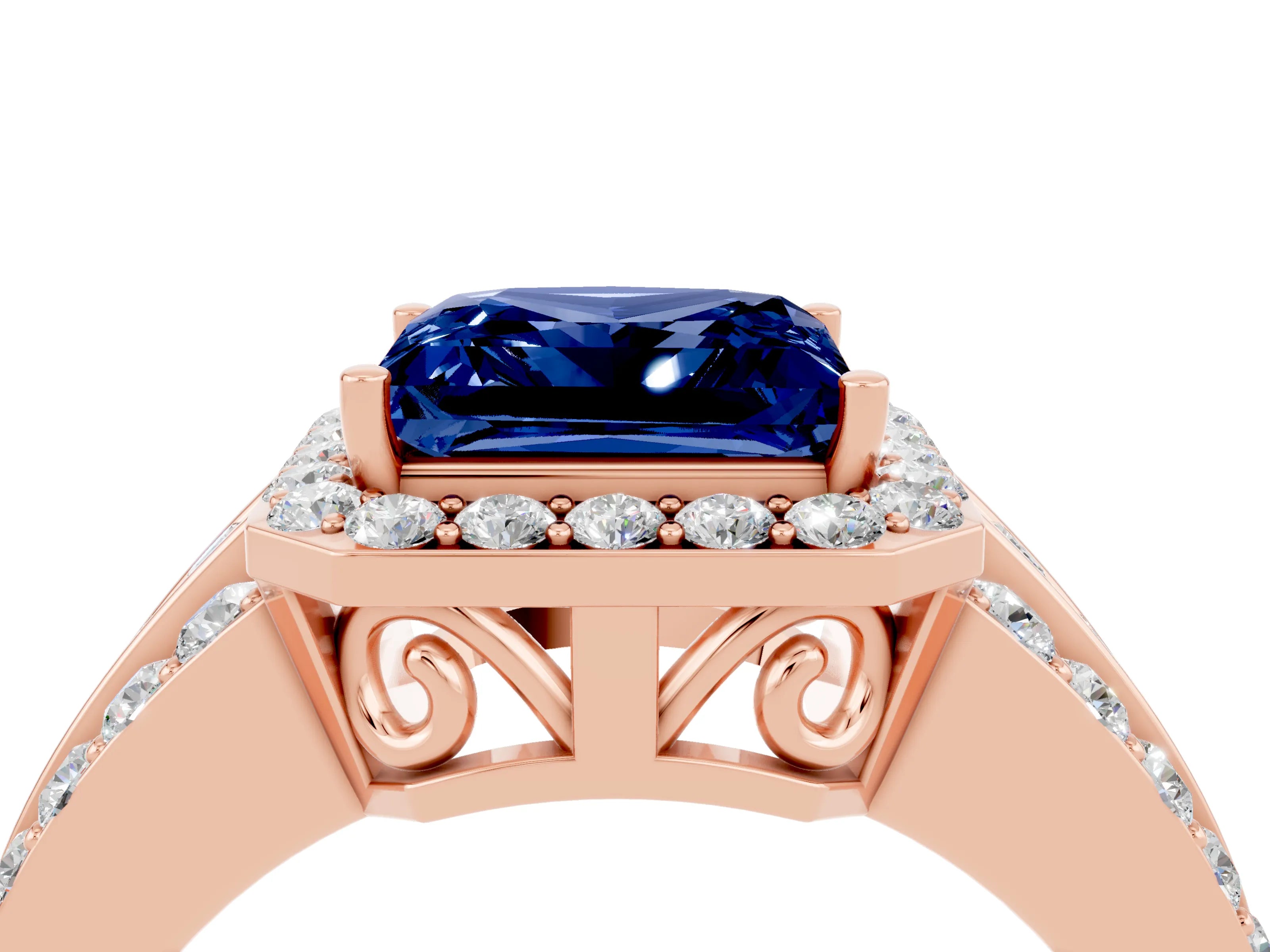 Rose gold Princess Cut Halo Blue Sapphire Ring with Split Shank and Four-Prong Setting_4