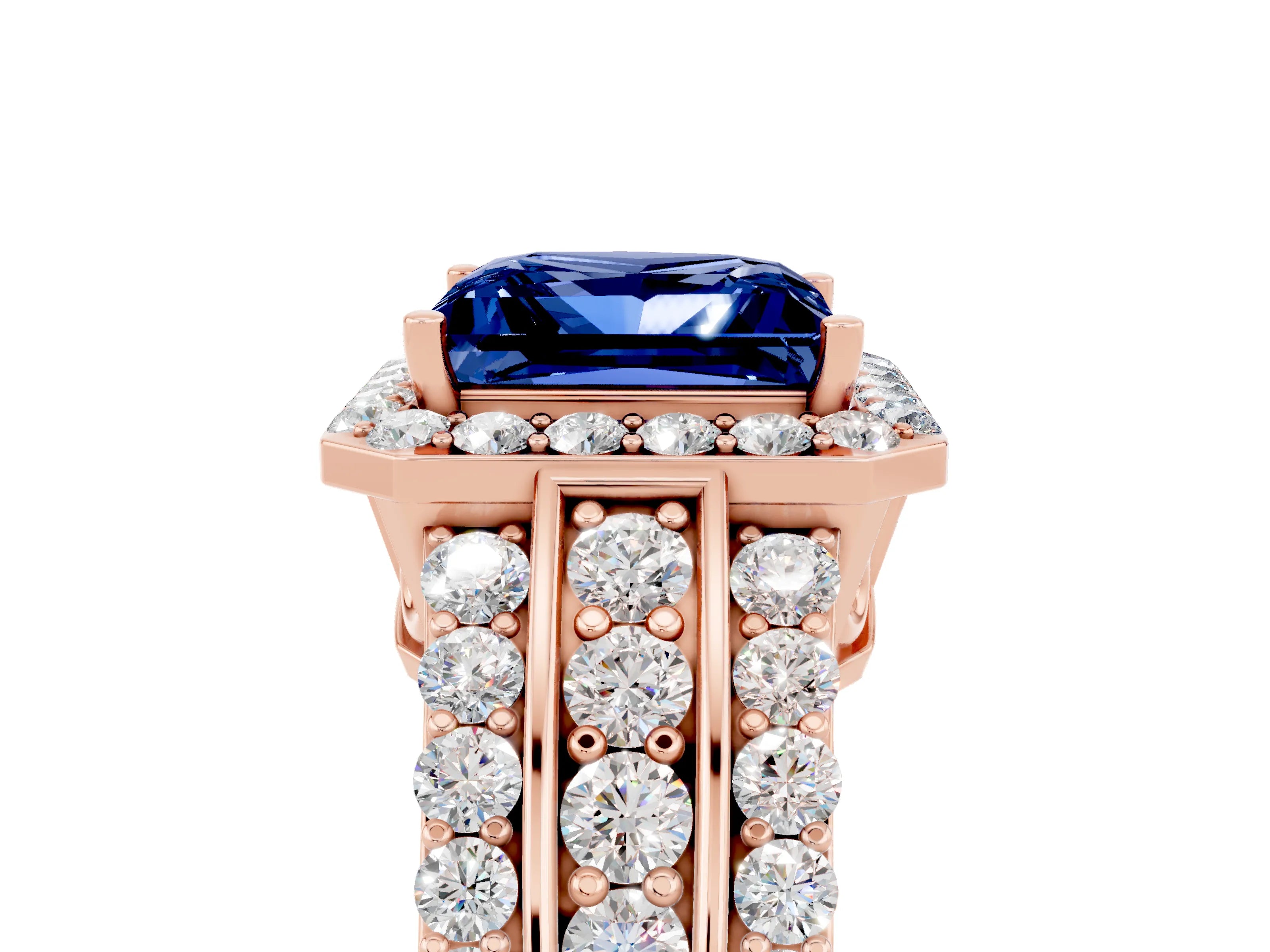 Rose gold Princess Cut Halo Blue Sapphire Ring with Split Shank and Four-Prong Setting_5