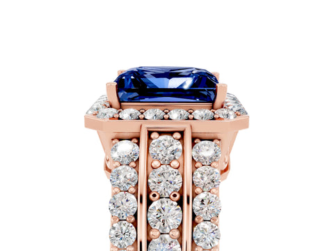 Rose gold Princess Cut Halo Blue Sapphire Ring with Split Shank and Four-Prong Setting_5